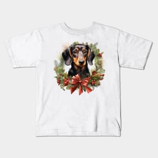 Christmas Dachshund Dog Wreath Kids T-Shirt